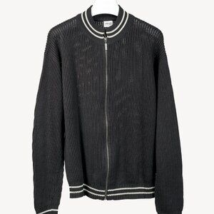 Armani Collezioni Charcoal Cotton-Knit Striped-Accent Zip Jacket